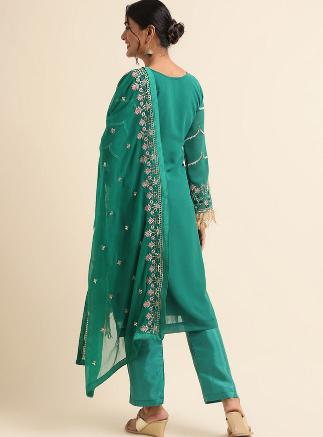 Green Faux Georgette Embroidered Pant Kameez Suit