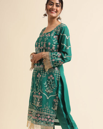 Green Faux Georgette Embroidered Pant Kameez Suit
