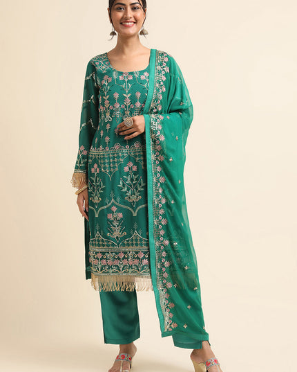 Green Faux Georgette Embroidered Pant Kameez Suit