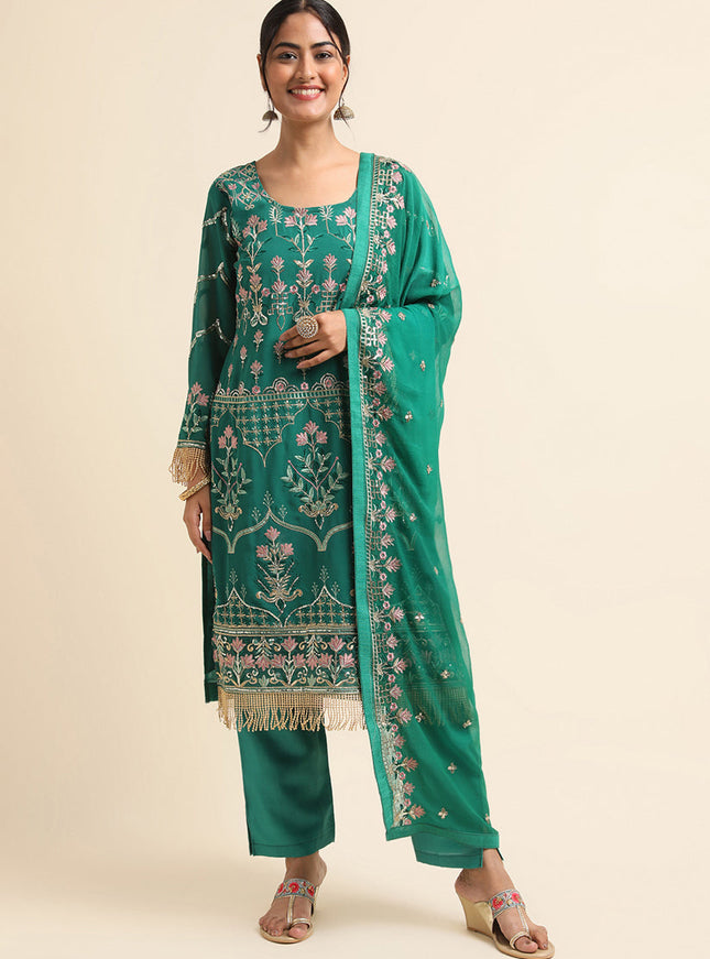 Green Faux Georgette Embroidered Pant Kameez Suit