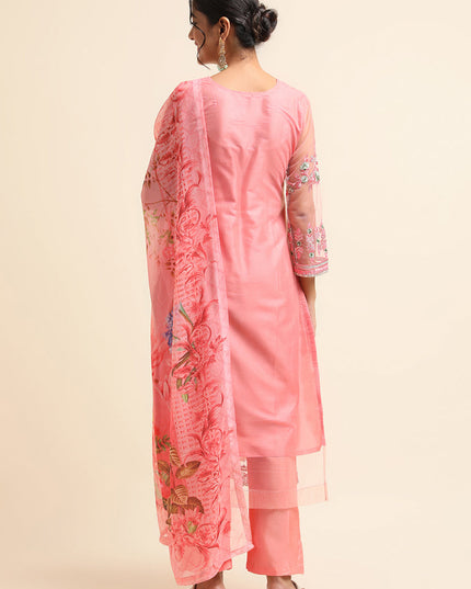 Pink Net Embroidered Pant Kameez Suit