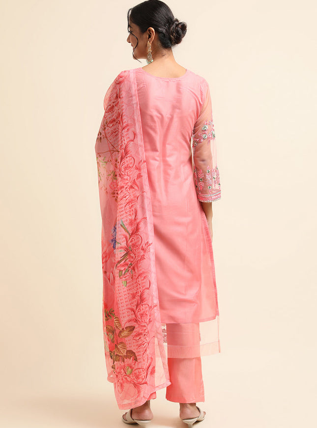 Pink Net Embroidered Pant Kameez Suit