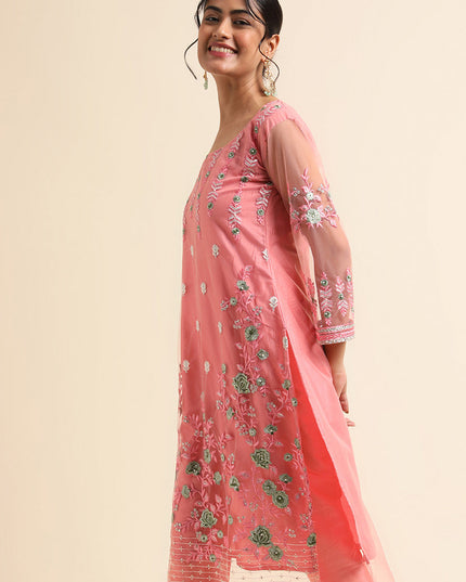 Pink Net Embroidered Pant Kameez Suit