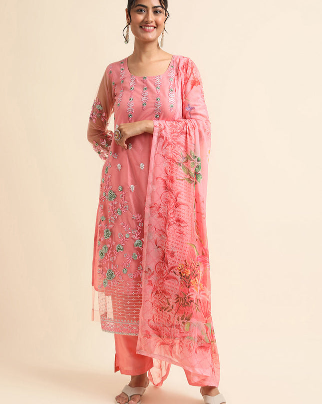 Pink Net Embroidered Pant Kameez Suit