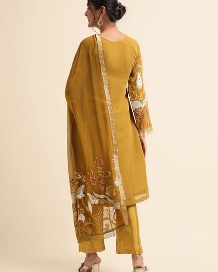 Mustard Faux Georgette Embroidered Pant Kameez Suit