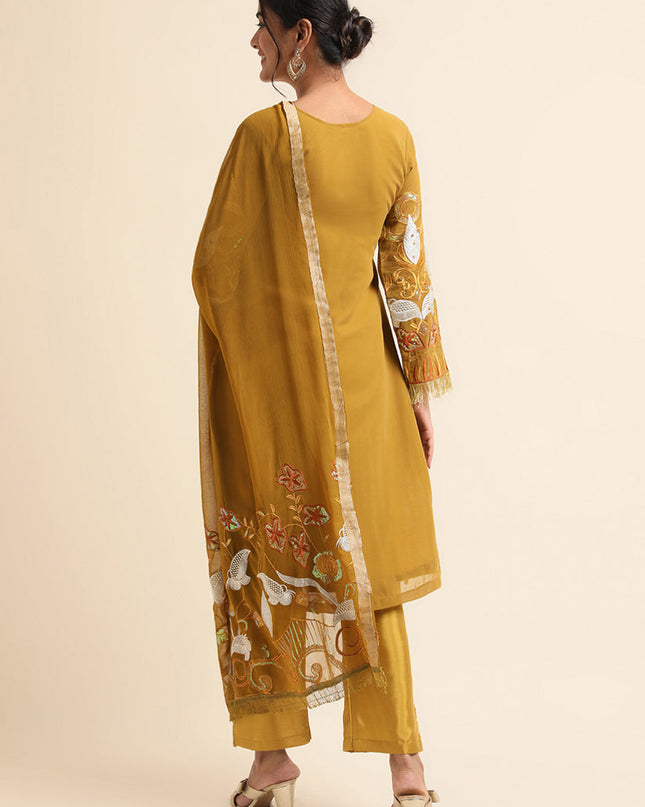 Mustard Faux Georgette Embroidered Pant Kameez Suit