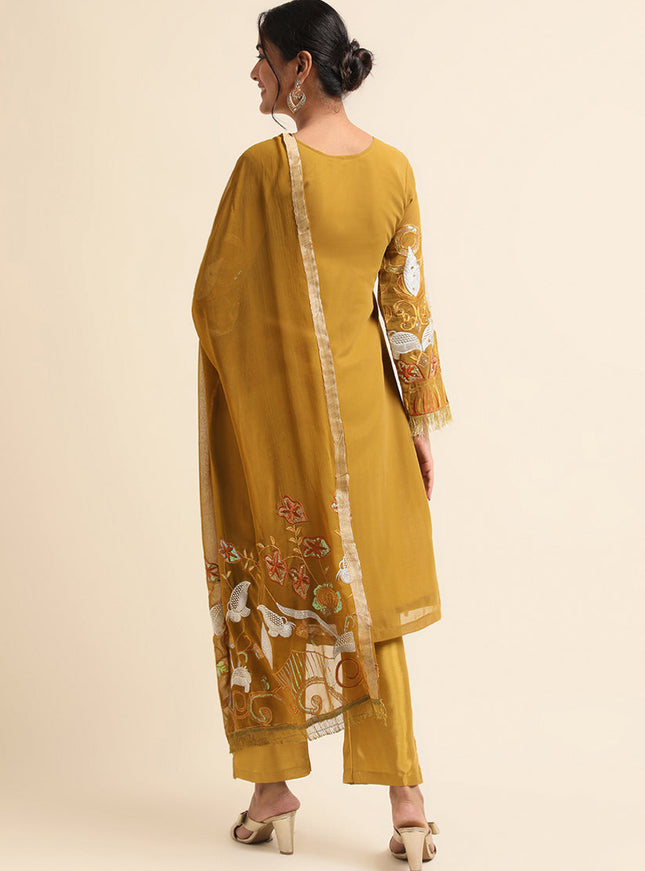 Mustard Faux Georgette Embroidered Pant Kameez Suit