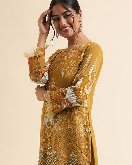 Mustard Faux Georgette Embroidered Pant Kameez Suit