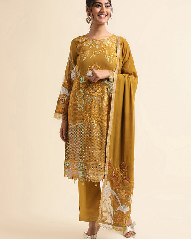 Mustard Faux Georgette Embroidered Pant Kameez Suit