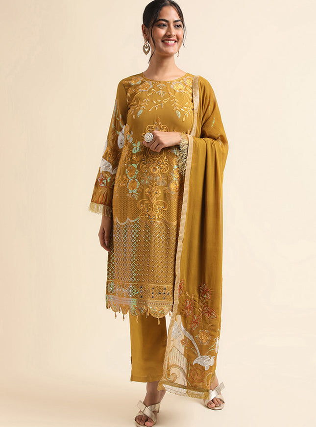 Mustard Faux Georgette Embroidered Pant Kameez Suit