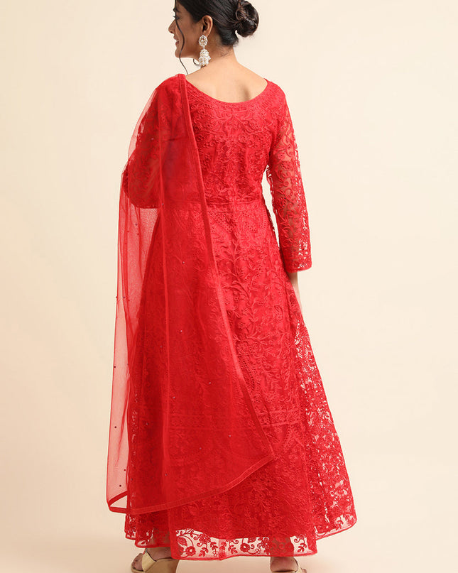 Red Net Embroidered Anarkali Style Suit