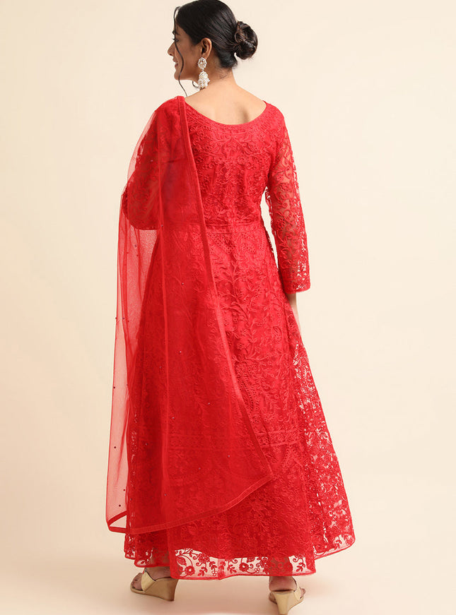 Red Net Embroidered Anarkali Style Suit