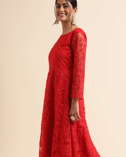 Red Net Embroidered Anarkali Style Suit