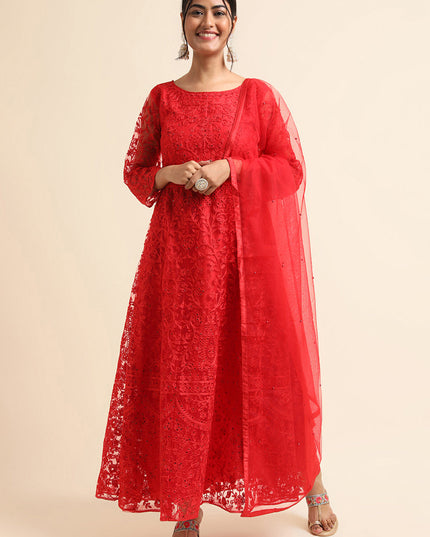 Red Net Embroidered Anarkali Style Suit