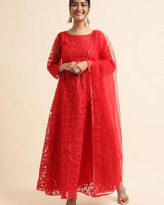 Red Net Embroidered Anarkali Style Suit