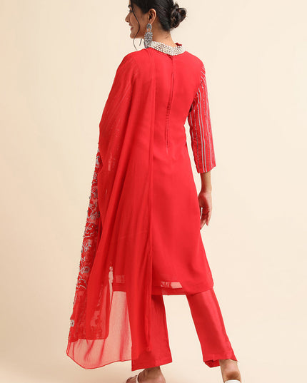 Red Faux Georgette Embroidered Pant Kameez Suit