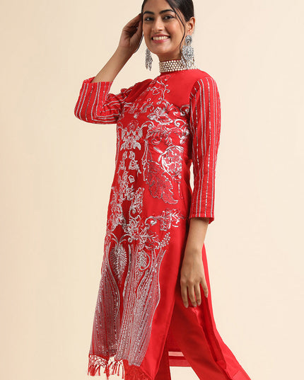Red Faux Georgette Embroidered Pant Kameez Suit
