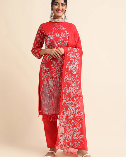 Red Faux Georgette Embroidered Pant Kameez Suit