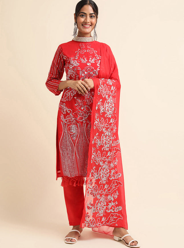 Red Faux Georgette Embroidered Pant Kameez Suit