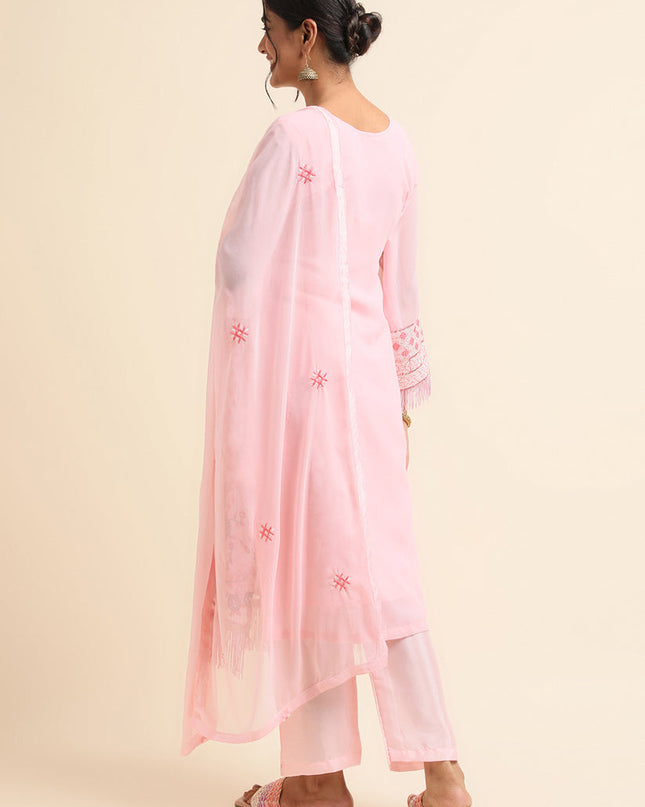 Light Pink Faux Georgette Embroidered Pant Kameez Suit
