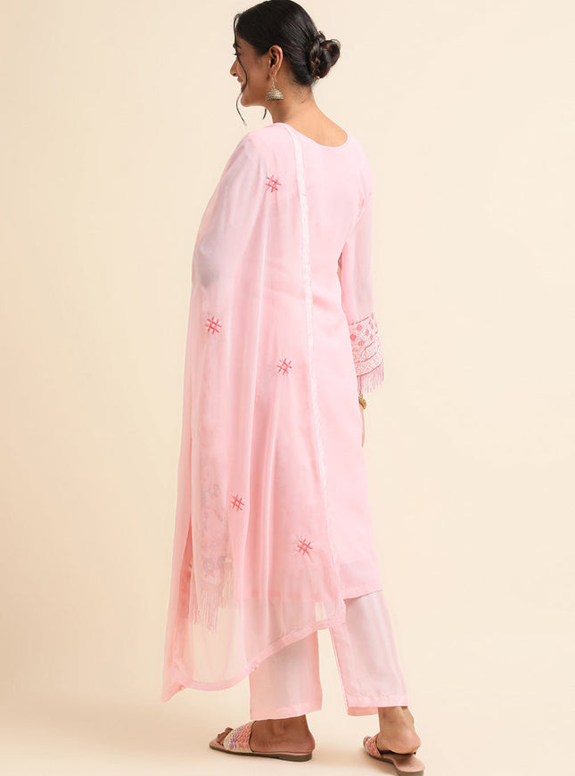 Light Pink Faux Georgette Embroidered Pant Kameez Suit