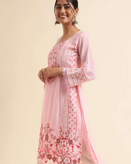 Light Pink Faux Georgette Embroidered Pant Kameez Suit