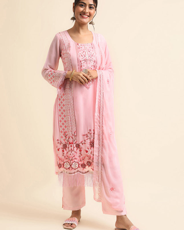 Light Pink Faux Georgette Embroidered Pant Kameez Suit