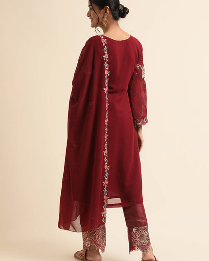 Maroon Faux Georgette Embroidered Pant Kameez Suit