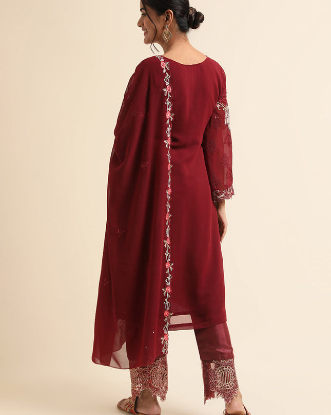Maroon Faux Georgette Embroidered Pant Kameez Suit
