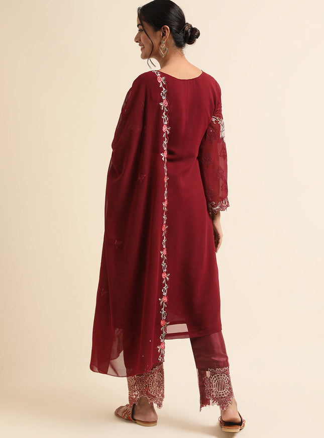 Maroon Faux Georgette Embroidered Pant Kameez Suit