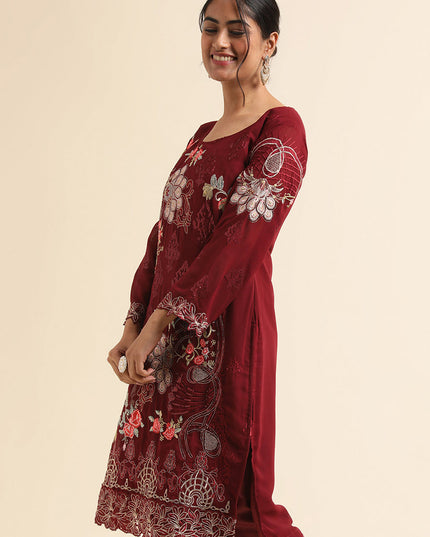 Maroon Faux Georgette Embroidered Pant Kameez Suit