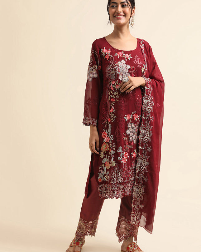Maroon Faux Georgette Embroidered Pant Kameez Suit