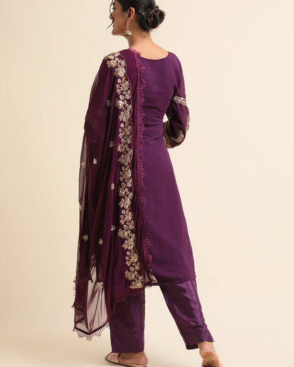 Purple Faux Georgette Embroidered Pant Kameez Suit