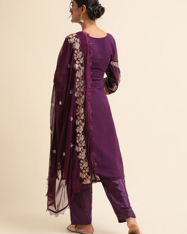 Purple Faux Georgette Embroidered Pant Kameez Suit