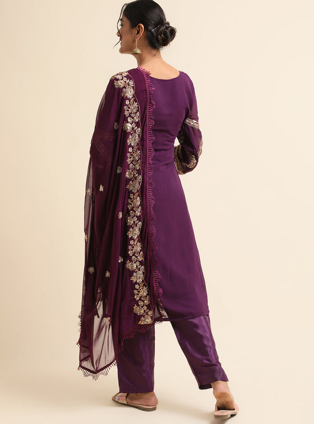 Purple Faux Georgette Embroidered Pant Kameez Suit