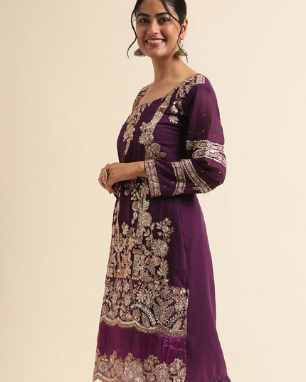 Purple Faux Georgette Embroidered Pant Kameez Suit