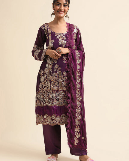 Purple Faux Georgette Embroidered Pant Kameez Suit