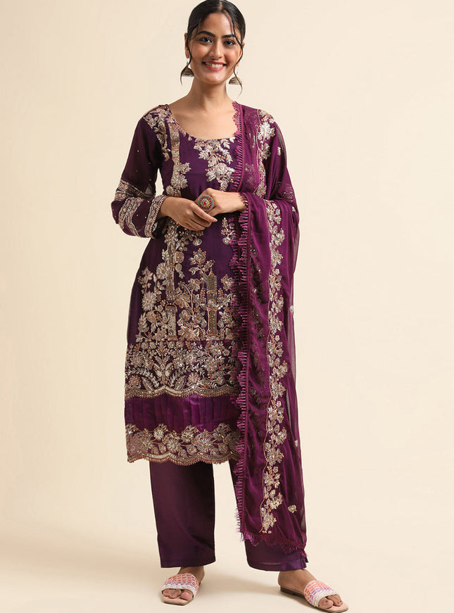 Purple Faux Georgette Embroidered Pant Kameez Suit