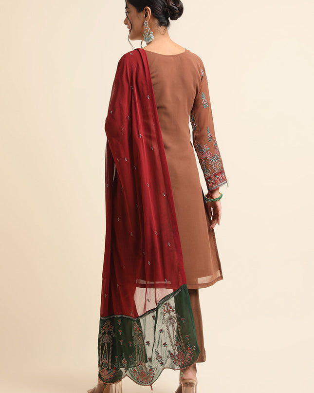 Brown Faux Georgette Embroidered Pant Kameez Suit