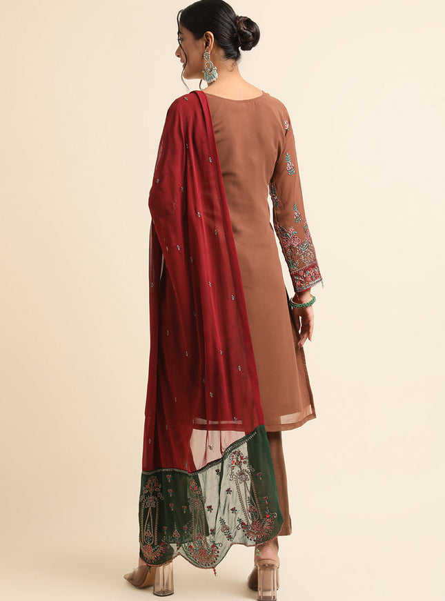 Brown Faux Georgette Embroidered Pant Kameez Suit