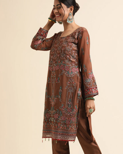 Brown Faux Georgette Embroidered Pant Kameez Suit