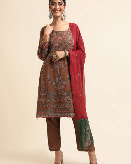Brown Faux Georgette Embroidered Pant Kameez Suit