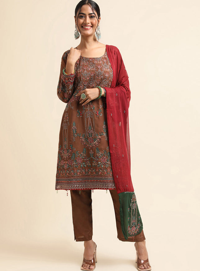 Brown Faux Georgette Embroidered Pant Kameez Suit