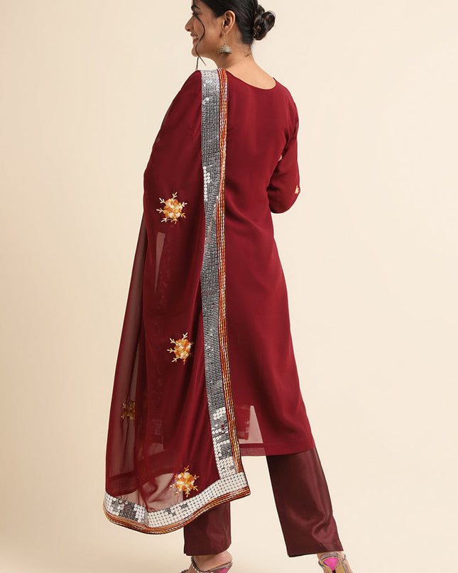 Maroon Faux Georgette Embroidered Pant Kameez Suit