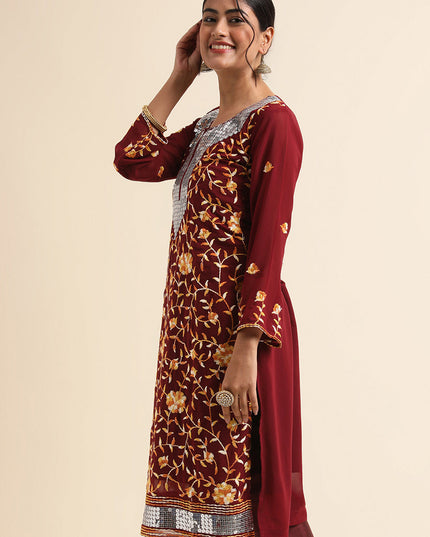 Maroon Faux Georgette Embroidered Pant Kameez Suit