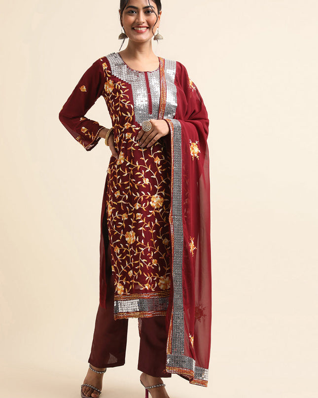 Maroon Faux Georgette Embroidered Pant Kameez Suit