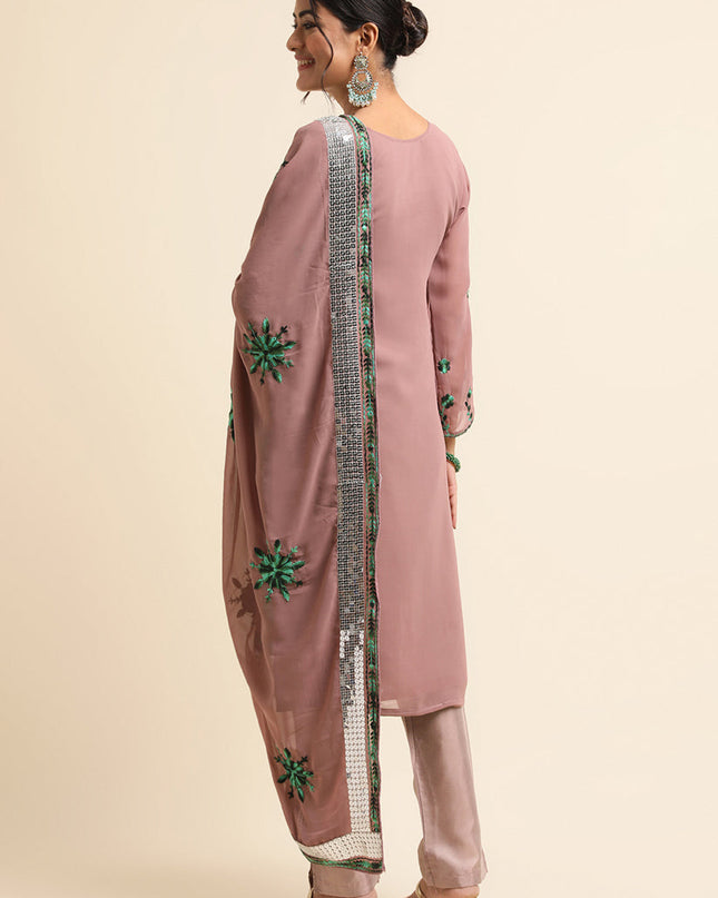 Light Brown Faux Georgette Embroidered Pant Kameez Suit