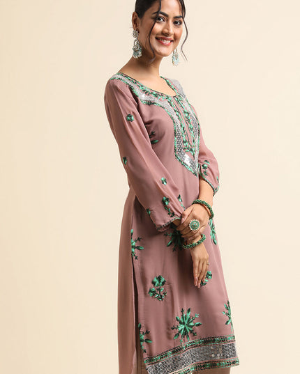 Light Brown Faux Georgette Embroidered Pant Kameez Suit