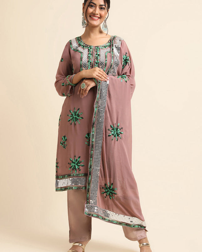 Light Brown Faux Georgette Embroidered Pant Kameez Suit