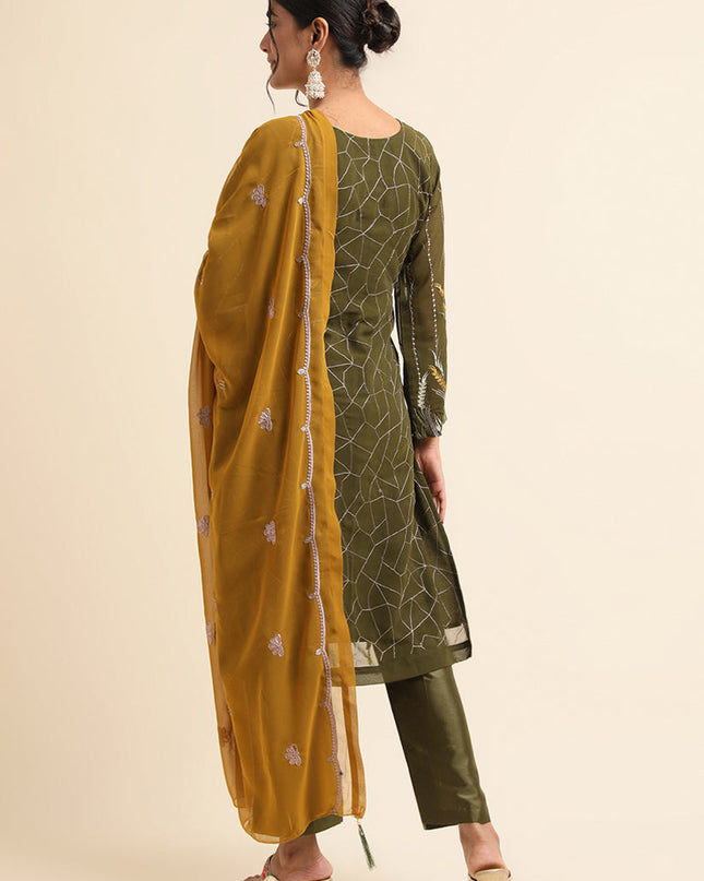 Mehndi Green Faux Georgette Embroidered Pant Kameez Suit